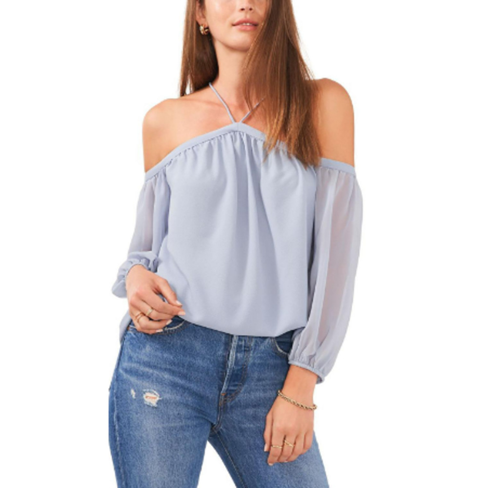 1.State Womens Chiffon Off-The-Shoulder Baby Blue Blouse Contemporary Top XS NWT